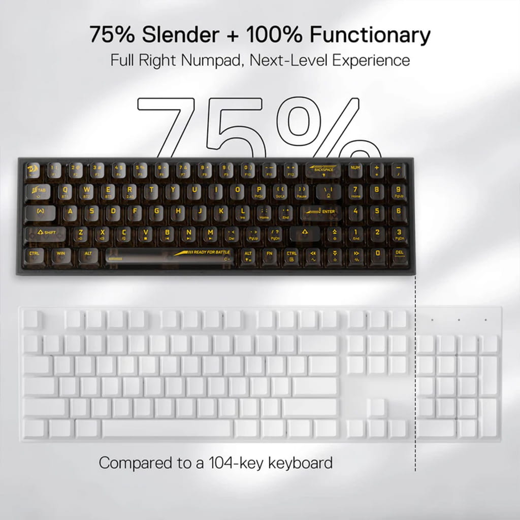 Redragon K628 Pro SE RGB keyboard shows its 75% compact design & full functionality, compared to a standard 104-key keyboard  