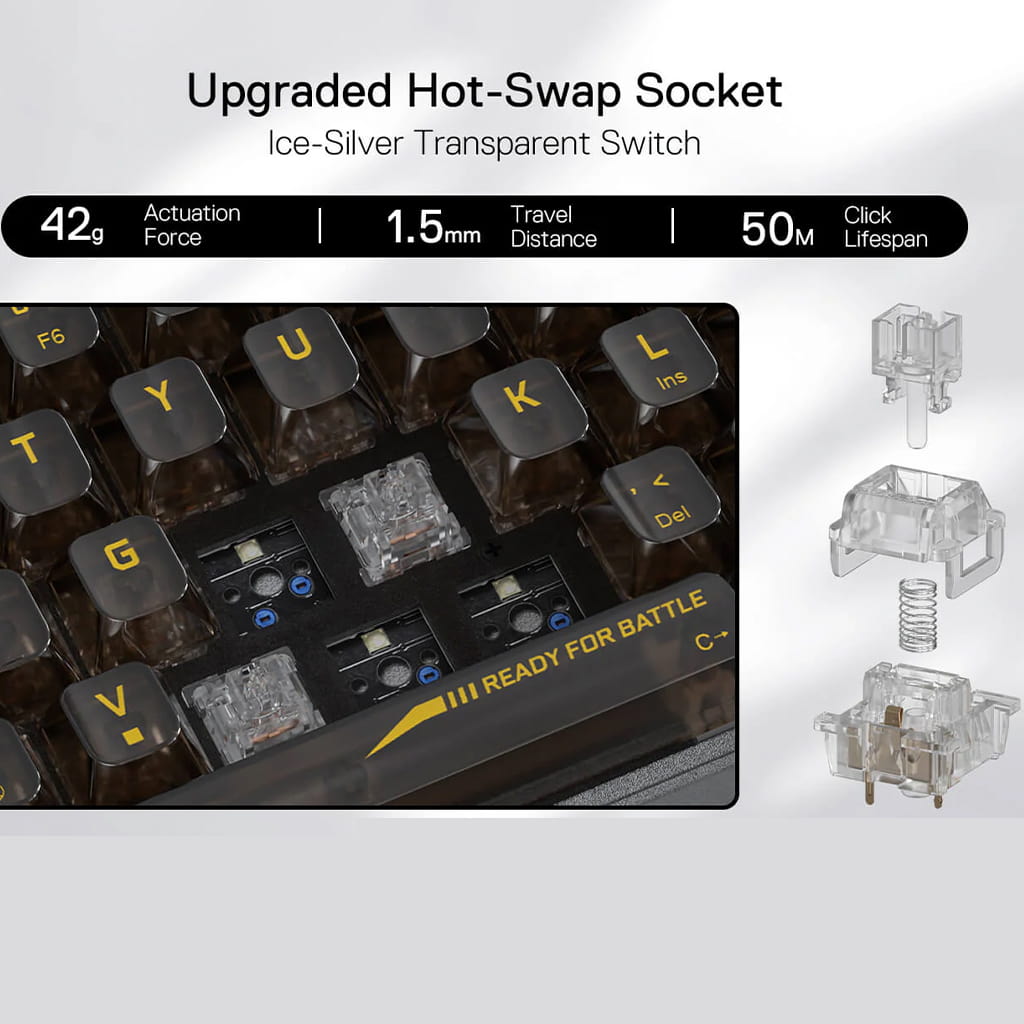 Redragon K628 Pollux Pro SE keyboard with transparent key features: 42g actuation force, 1.5mm travel distance & 50M click lifespan