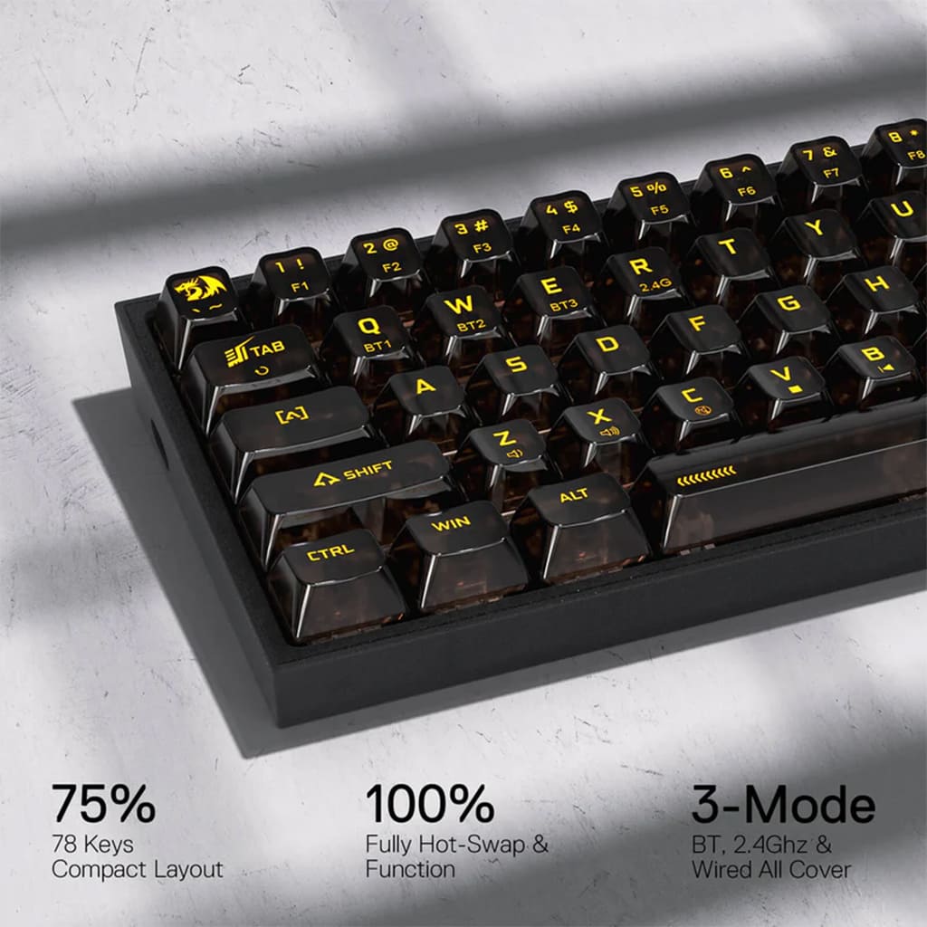 Close-up of Redragon K628 Pro SE RGB mechanical keyboard showing features like 75% compact layout, 100% Hot-Swap & 3-Modes
