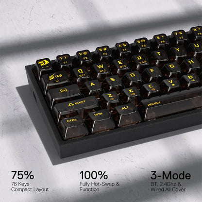 Close-up of Redragon K628 Pro SE RGB mechanical keyboard showing features like 75% compact layout, 100% Hot-Swap & 3-Modes