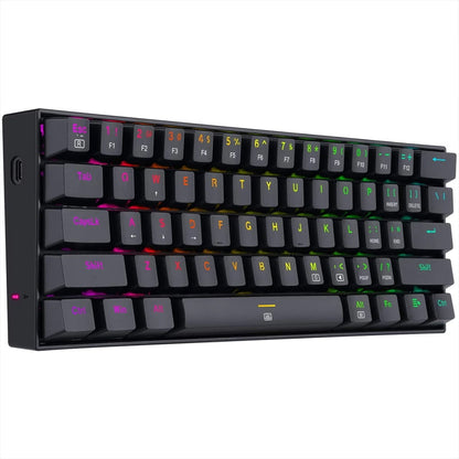 Left-side view of the Redragon K630 Dragonborn 60% RGB Gaming Keyboard, showcasing its vibrant backlighting and compact design