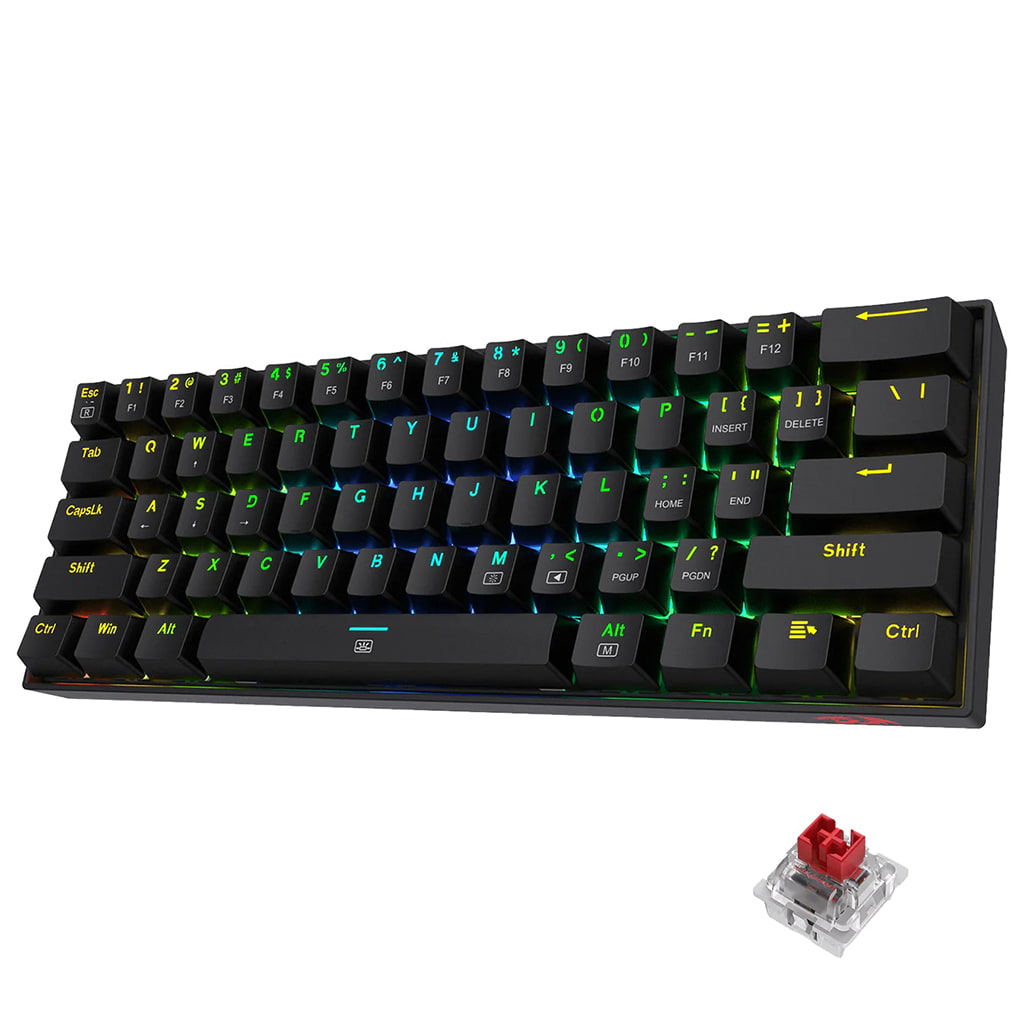 Redragon K630 Dragonborn 60% RGB Gaming Keyboard, displaying colorful backlighting and a red mechanical switch is shown separately
