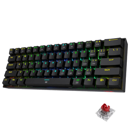 Redragon K630 Dragonborn 60% RGB Gaming Keyboard, displaying colorful backlighting and a red mechanical switch is shown separately