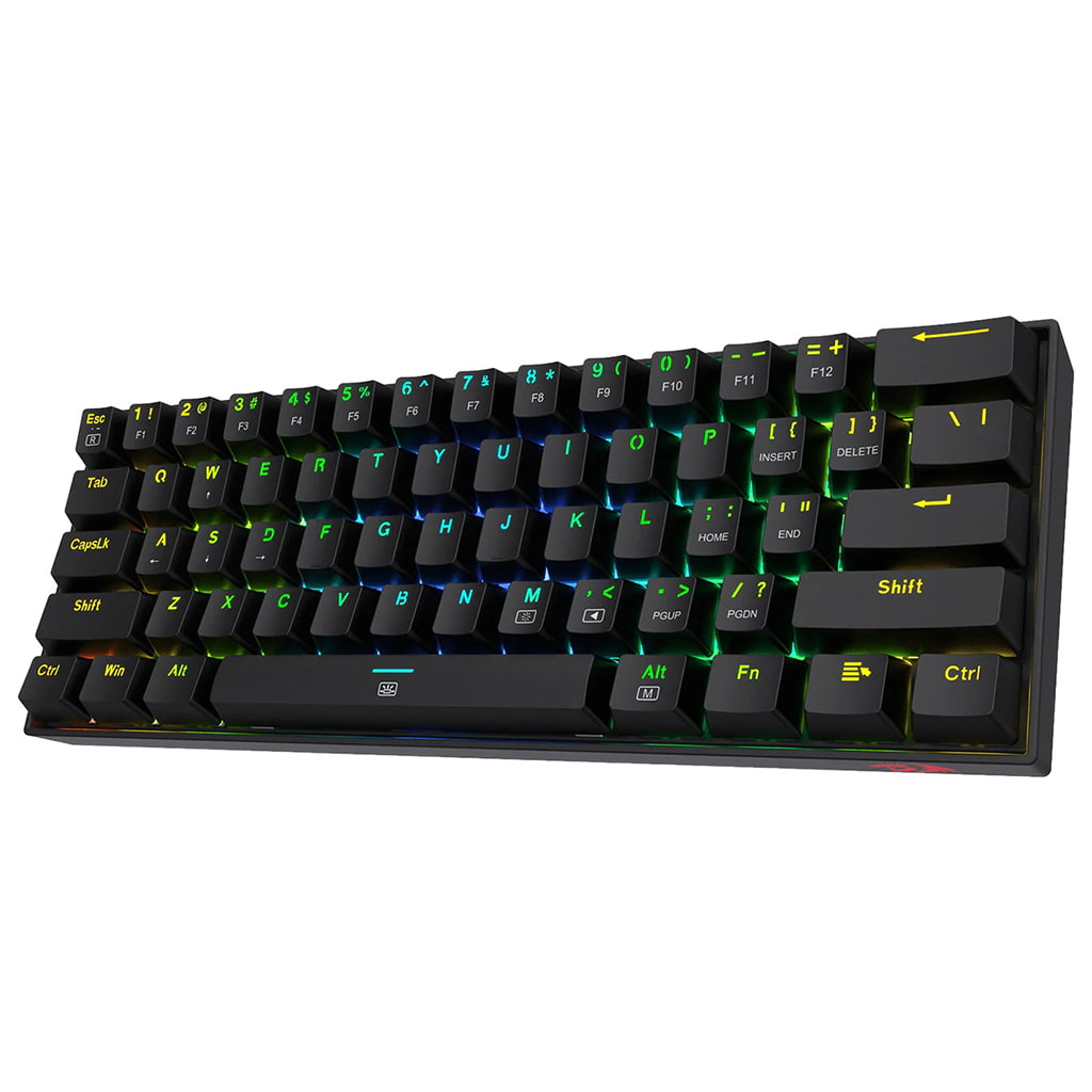 Angled view of Redragon K630 Dragonborn 60% Wired RGB Keyboard, featuring multi-colored RGB backlighting visible across the keys & edges