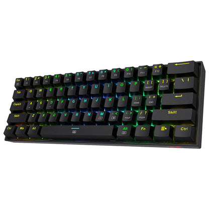Angled view of Redragon K630 Dragonborn 60% Wired RGB Keyboard, featuring multi-colored RGB backlighting visible across the keys & edges