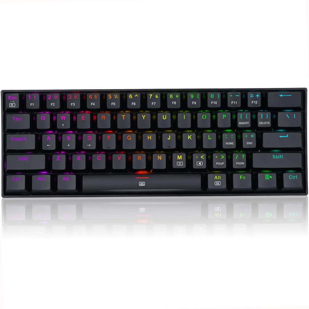 Front view of the Redragon K630 Dragonborn 60% RGB Gaming Keyboard in black, highlighting its sleek design and compact layout