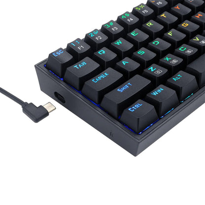 Close-up of the Redragon K631 Castor RGB Gaming Keyboard's left side, showing the USB-C port and a detached right-angle USB-C cable
