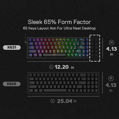 A close-up of Redragon K631 Castor RGB Keyboard has a sleek 65% form factor with 65 keys, intended for creating an neat desktop setup