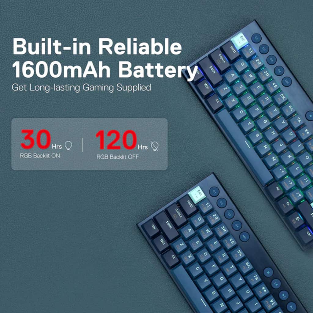 Redragon K632 PRO RGB Mechanical Keyboard, showing its 1600mAh battery life: 30 hours with RGB on, 120 hours with RGB off