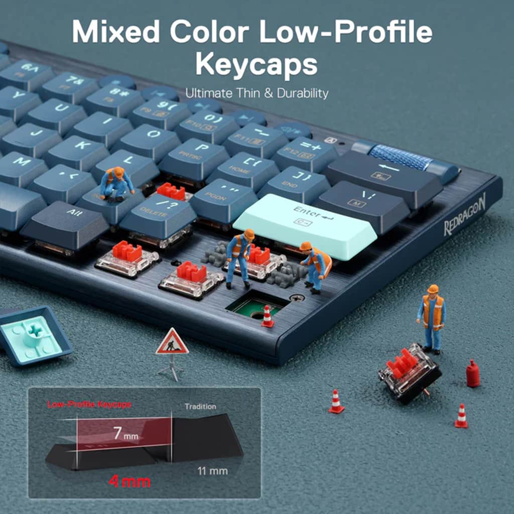Redragon K632 PRO Mechanical Keyboard, showcasing its low-profile red switches & mixed-color keycaps, highlighting 4mm key travel