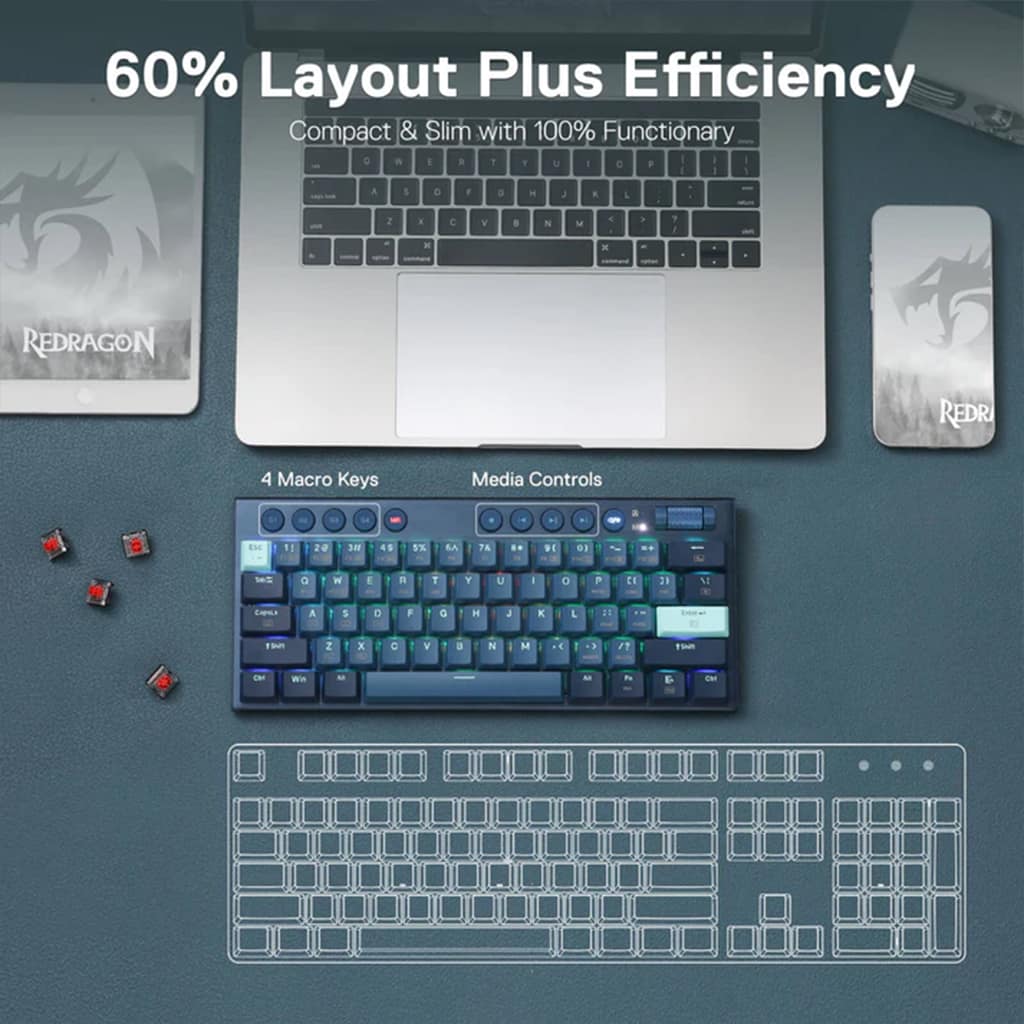 Redragon K632 PRO HORUS MINI Wireless RGB Mechanical Keyboard, highlighting its compact 60% layout, 4 macro keys & media controls