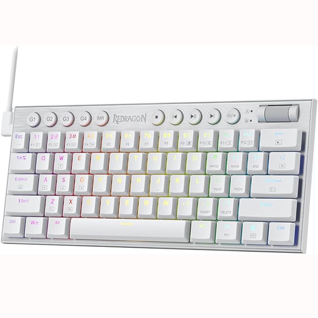 K632 White RGB mechanical keyboard with vibrant RGB backlighting in a gradient, ranging from blue to red. with features multimedia control