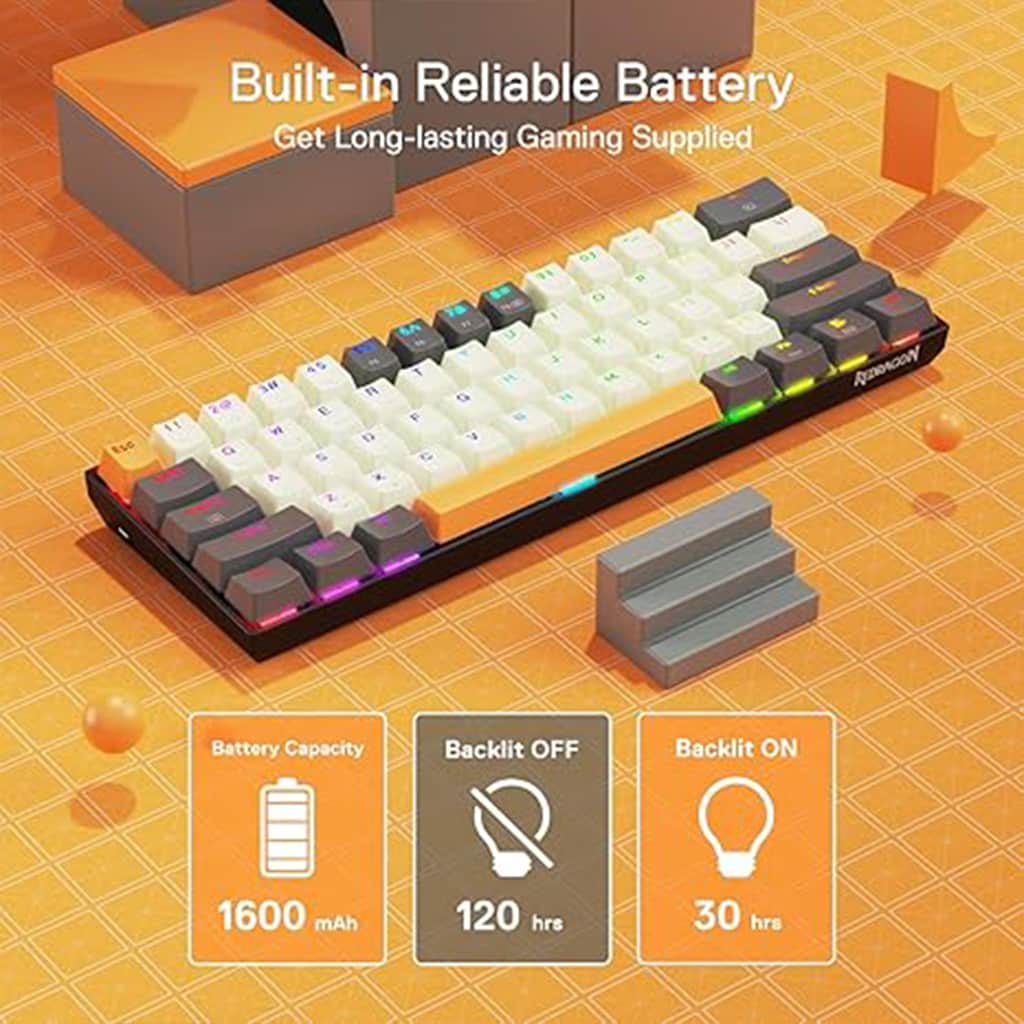 Wireless RGB gaming keyboard Redragon K644 featuring a 1600 mAh battery and with backlit off 120 hours & with backlit on 30 hours