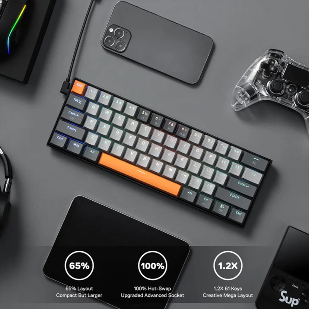  Redragon K644 CARAXES keyboard, including its compact size, and user-replaceable switches