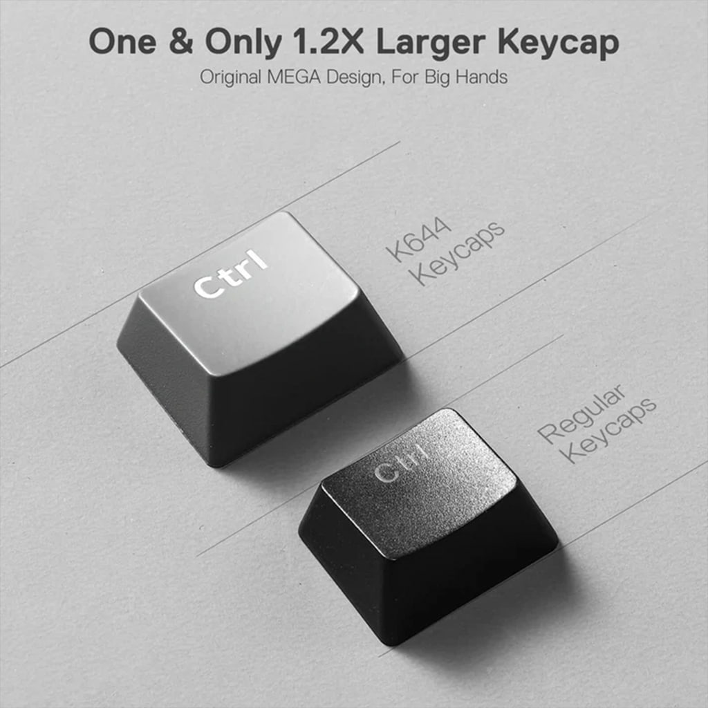 Redragon K644 CARAXES RGB Gaming Keyboard, highlighting their keycaps size is 1.2X as compared to regular
