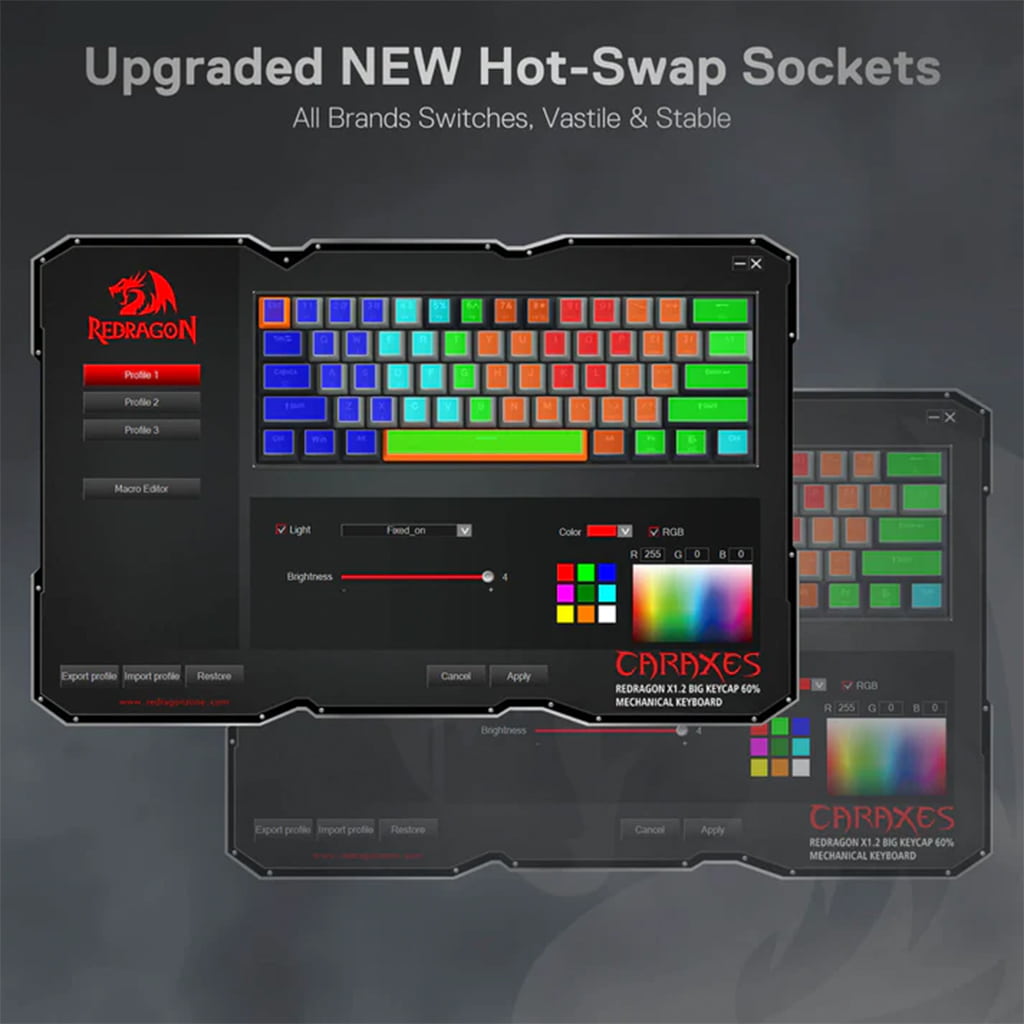 Redragon K644 keyboard customization software, showing tabs for button settings, macro editor & lighting