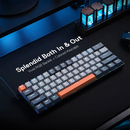 Redragon K644 CARAXES RGB Gaming Keyboard, showcasing its compact 65% layout with all keys illuminated by vibrant RGB backlighting