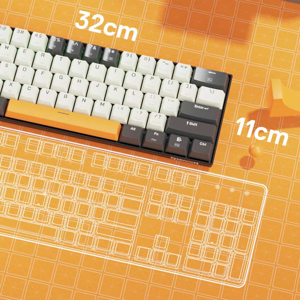 Top view of Redragon K644 SE 3-Mode Wireless RGB Keyboard with dimensions 32cm by 11cm displayed