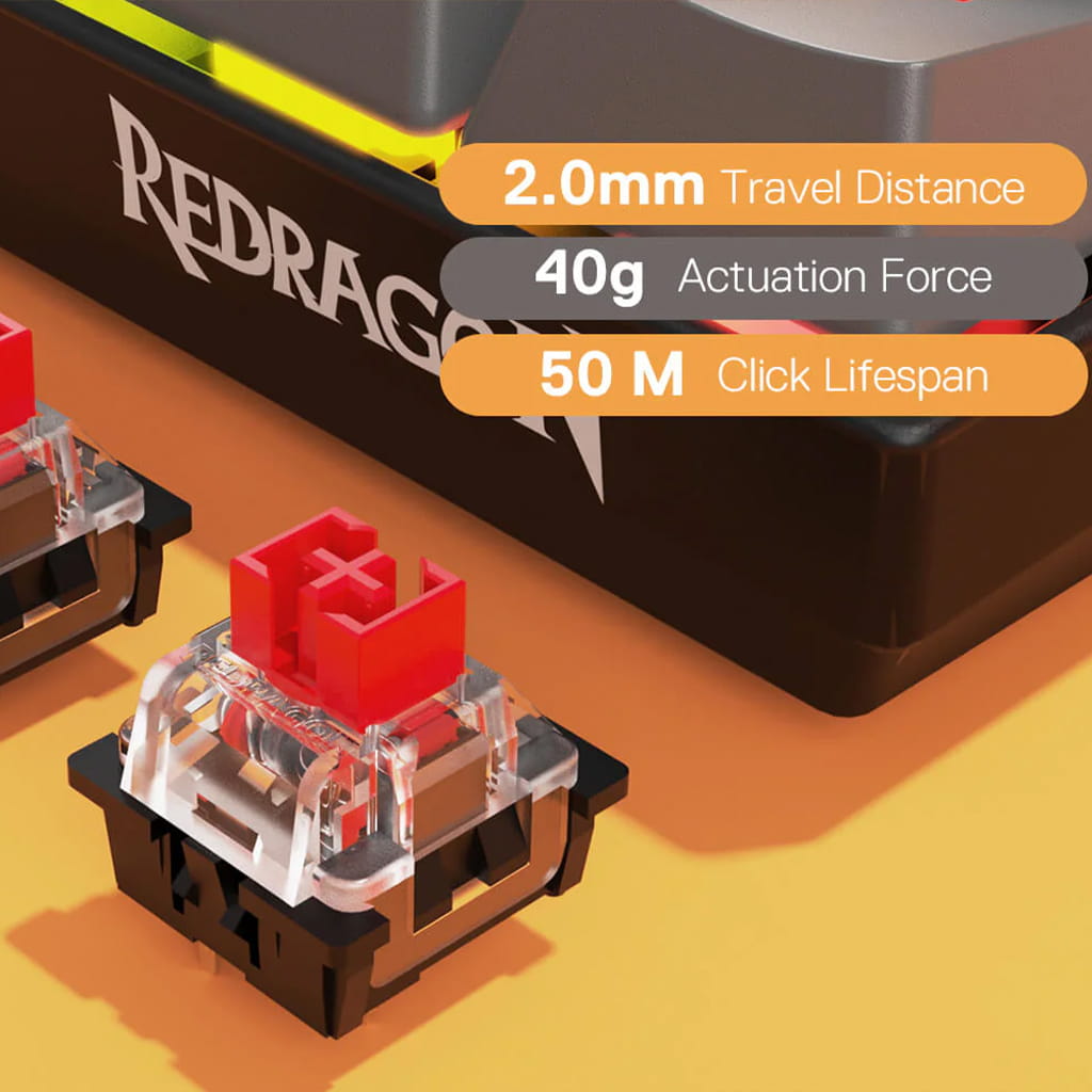 Redragon K644 SE wireless keyboard highlighted switches featuring 50 million click lifespan, 2.0mm travel distance and 40g force