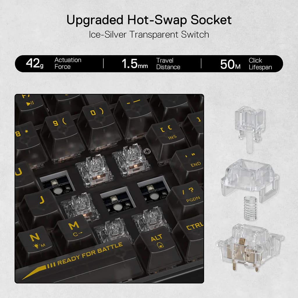 Redragon K658 PRO Black Keyboard, showcasing its hot-swap sockets specs: 42g, 1.5mm Travel Distance, and "50M Click Lifespan