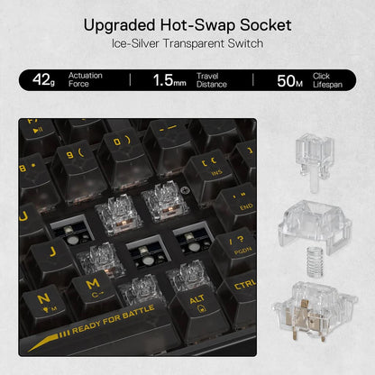 Redragon K658 PRO Black Keyboard, showcasing its hot-swap sockets specs: 42g, 1.5mm Travel Distance, and "50M Click Lifespan