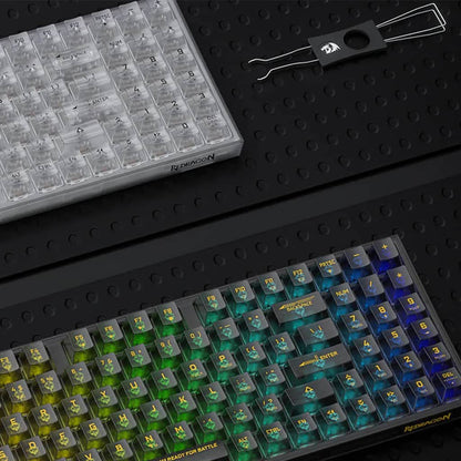 A top-down view shows Redragon K658 Irelia PRO SE Black & White Gaming Keyboards and a keycap puller