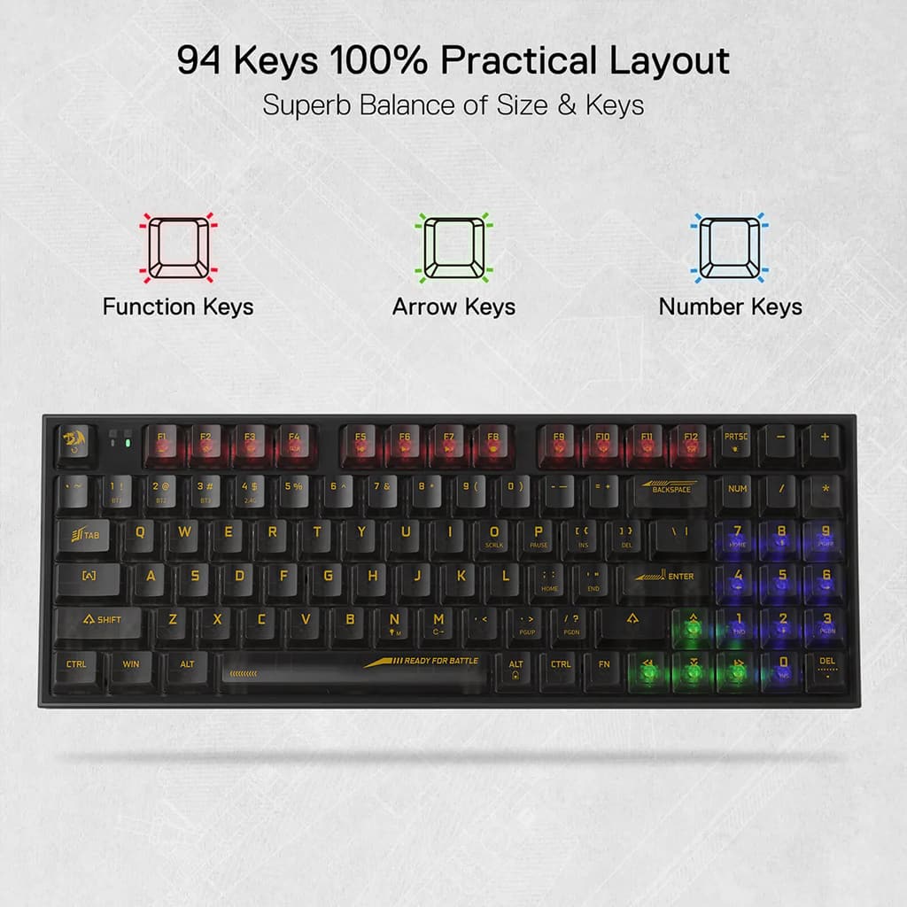 Redragon K658 PRO Black RGB gaming keyboard with 94 key layout and red, blue, green colored backlit for specific keys