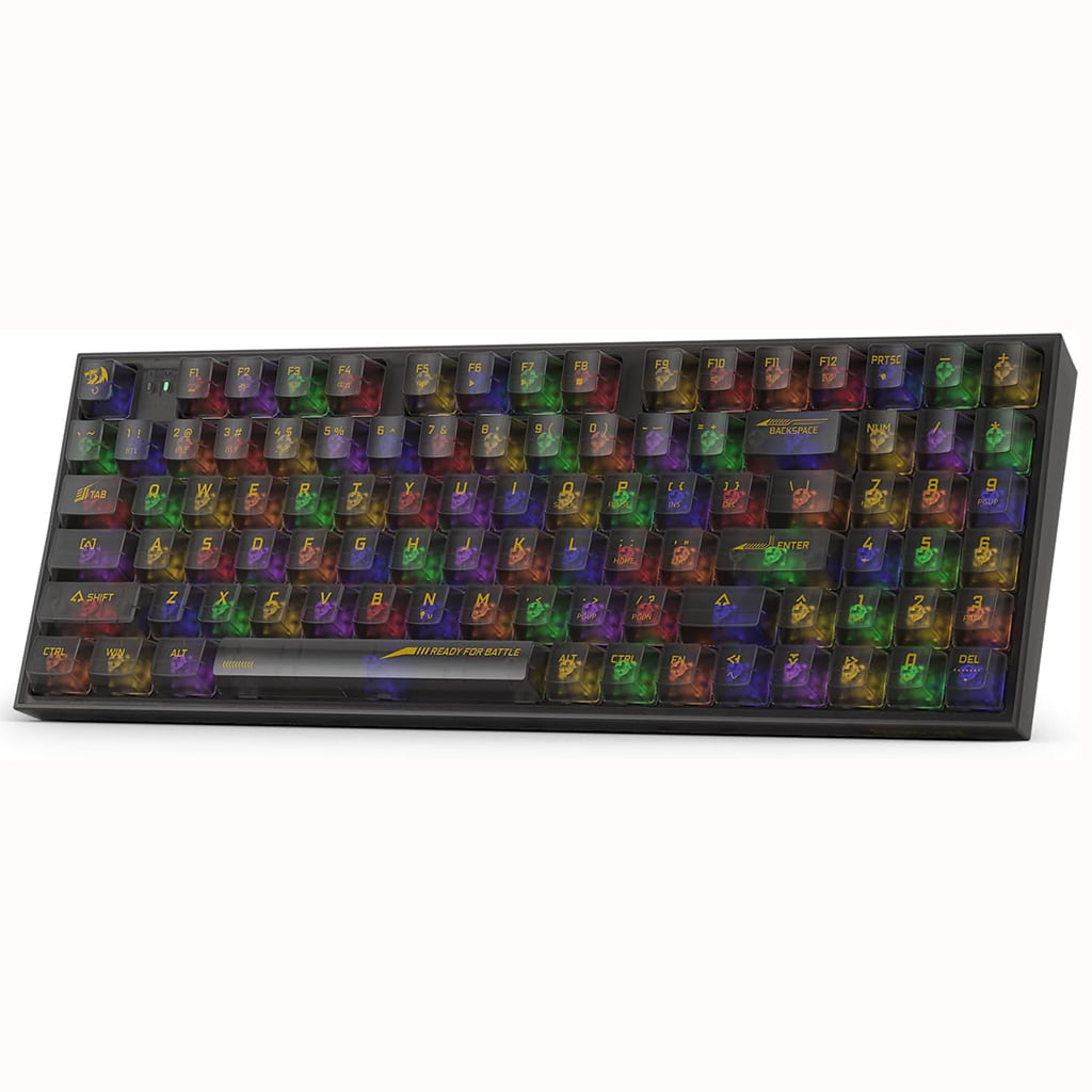 Angled view of Redragon K658 Irelia PRO SE Black RGB Gaming Keyboard a translucent white frame and transparent keycaps