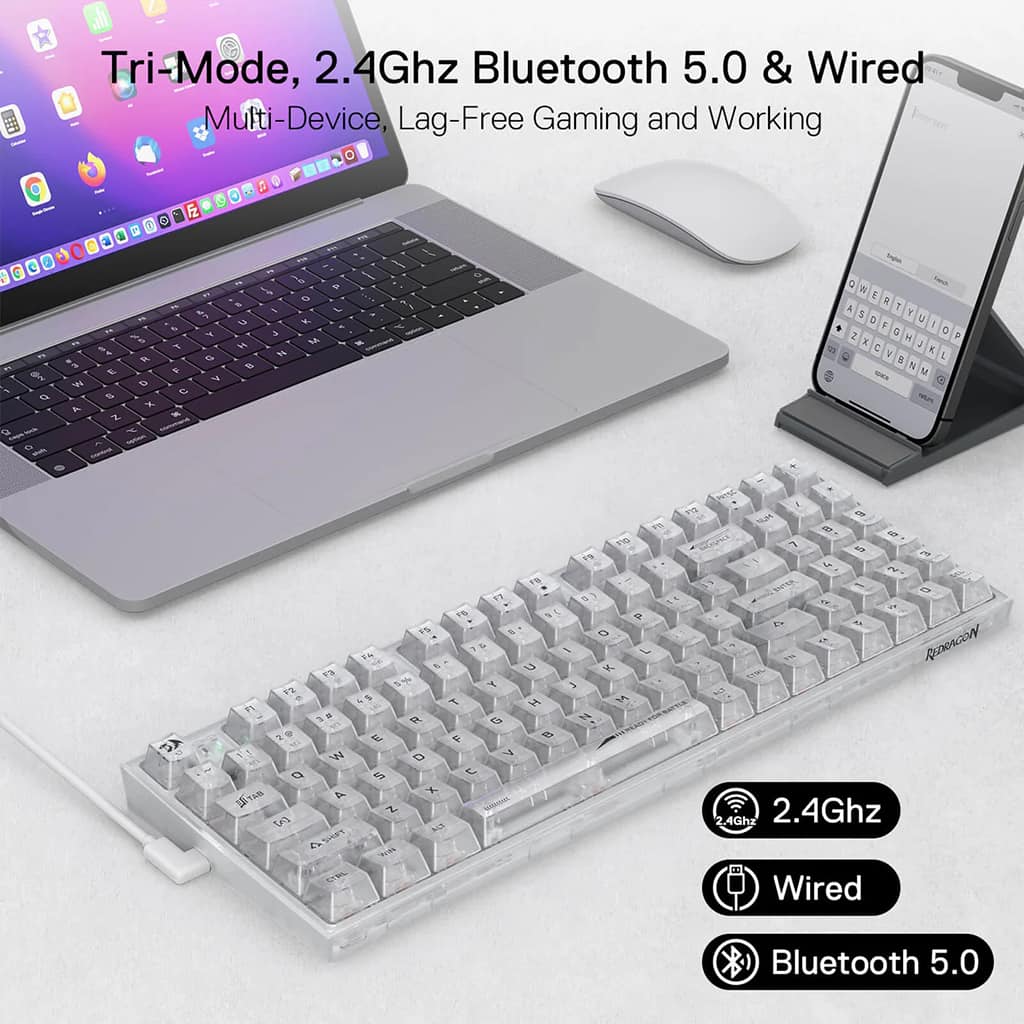 Redragon K658 PRO Irelia White RGB gaming keyboard with tri-mode (Wireless 2.4 Ghz, Bluetooth 5.0 & wired) connectivity