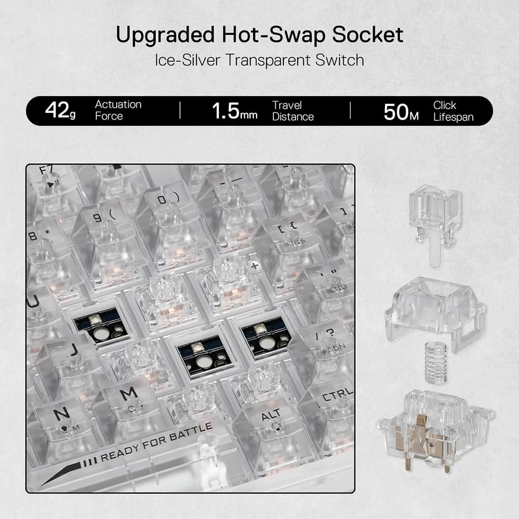 Redragon K658 PRO White Keyboard, showcasing its hot-swap sockets specs: 42g, 1.5mm Travel Distance, and "50M Click Lifespan