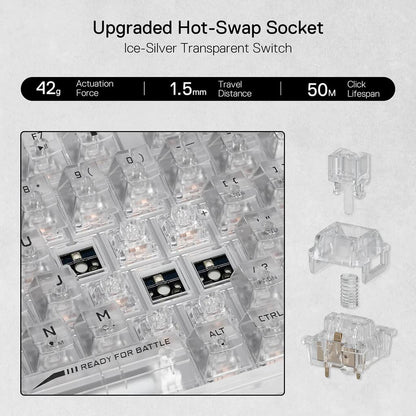 Redragon K658 PRO White Keyboard, showcasing its hot-swap sockets specs: 42g, 1.5mm Travel Distance, and "50M Click Lifespan