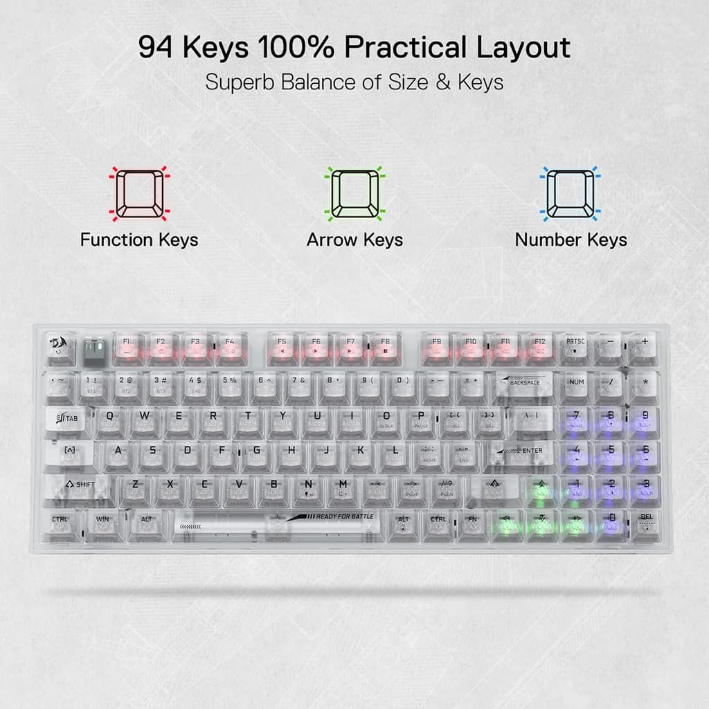 Redragon K658 PRO White RGB gaming keyboard with 94 key layout and red, blue, green colored backlit for specific keys
