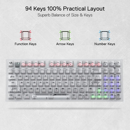 Redragon K658 PRO White RGB gaming keyboard with 94 key layout and red, blue, green colored backlit for specific keys