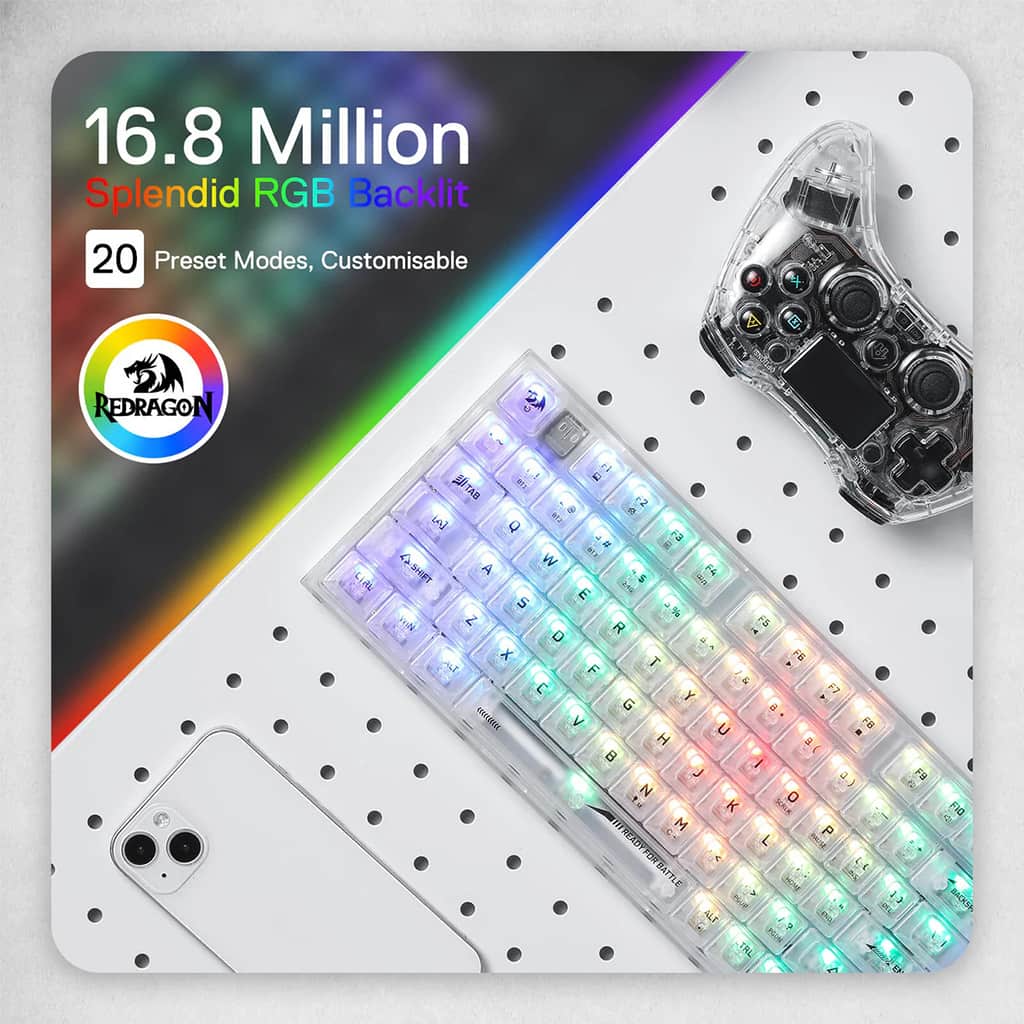Redragon K658 PRO White Keyboard, showcasing its full spectrum of 16.8 million RGB backlit colors across its transparent keycaps