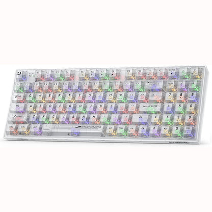 Angled view of Redragon K658 Irelia PRO SE White RGB Gaming Keyboard a translucent white frame and transparent keycaps