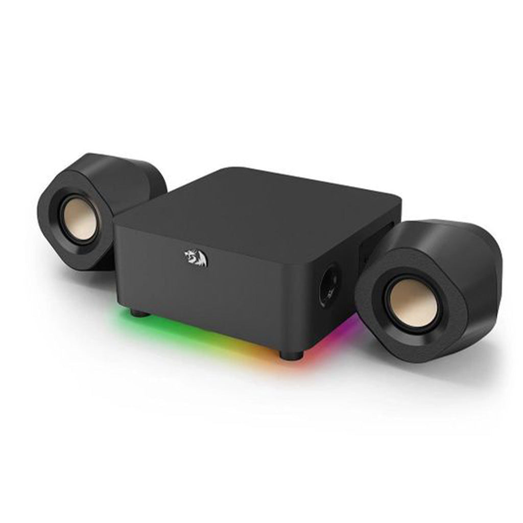 Redragon Kaidas GS590 Pro RGB Gaming Speakers with a central subwoofer and two compact satellite speakers, featuring colorful RGB lighting