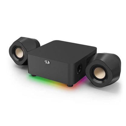 Redragon Kaidas GS590 Pro RGB Gaming Speakers with a central subwoofer and two compact satellite speakers, featuring colorful RGB lighting