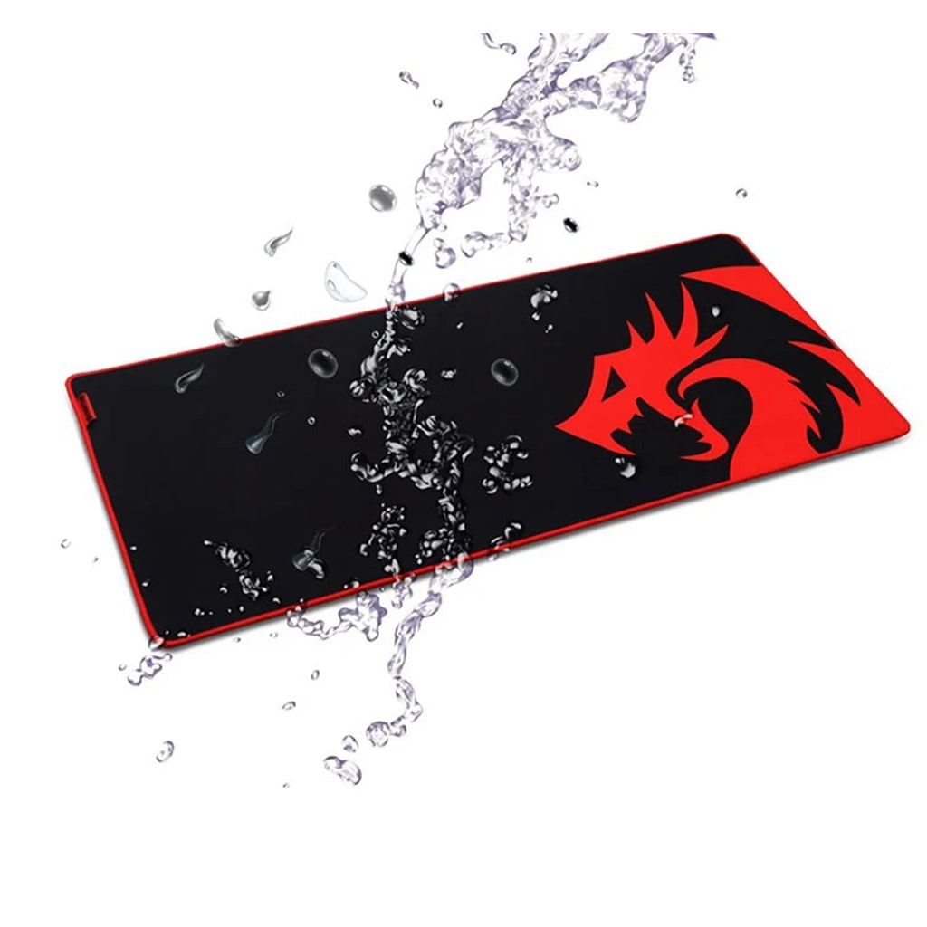 Redragon Kunlun P006a gaming mousepad featuring a red dragon logo, red trim and splashed with water, showcasing its waterproof