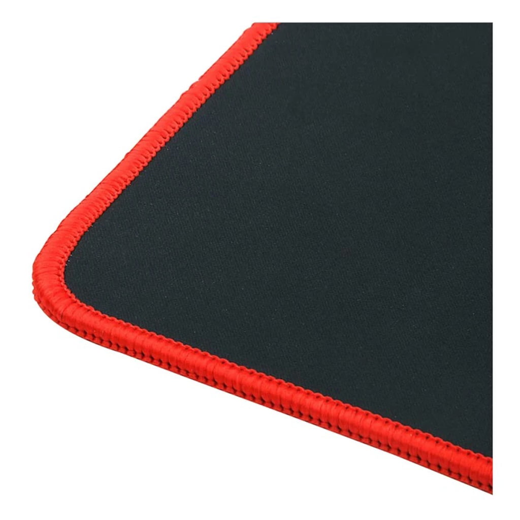Extreme close up showing the durable red stitching on the corner edge of the Redragon Kunlun P006a gaming mousepad