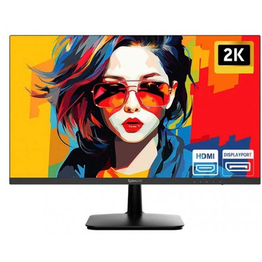 Front view of the Redragon Leptis BM27V9Q IPS Gaming Monitor, featuring a vibrant display and icons for 2K, HDMI, and DisplayPort