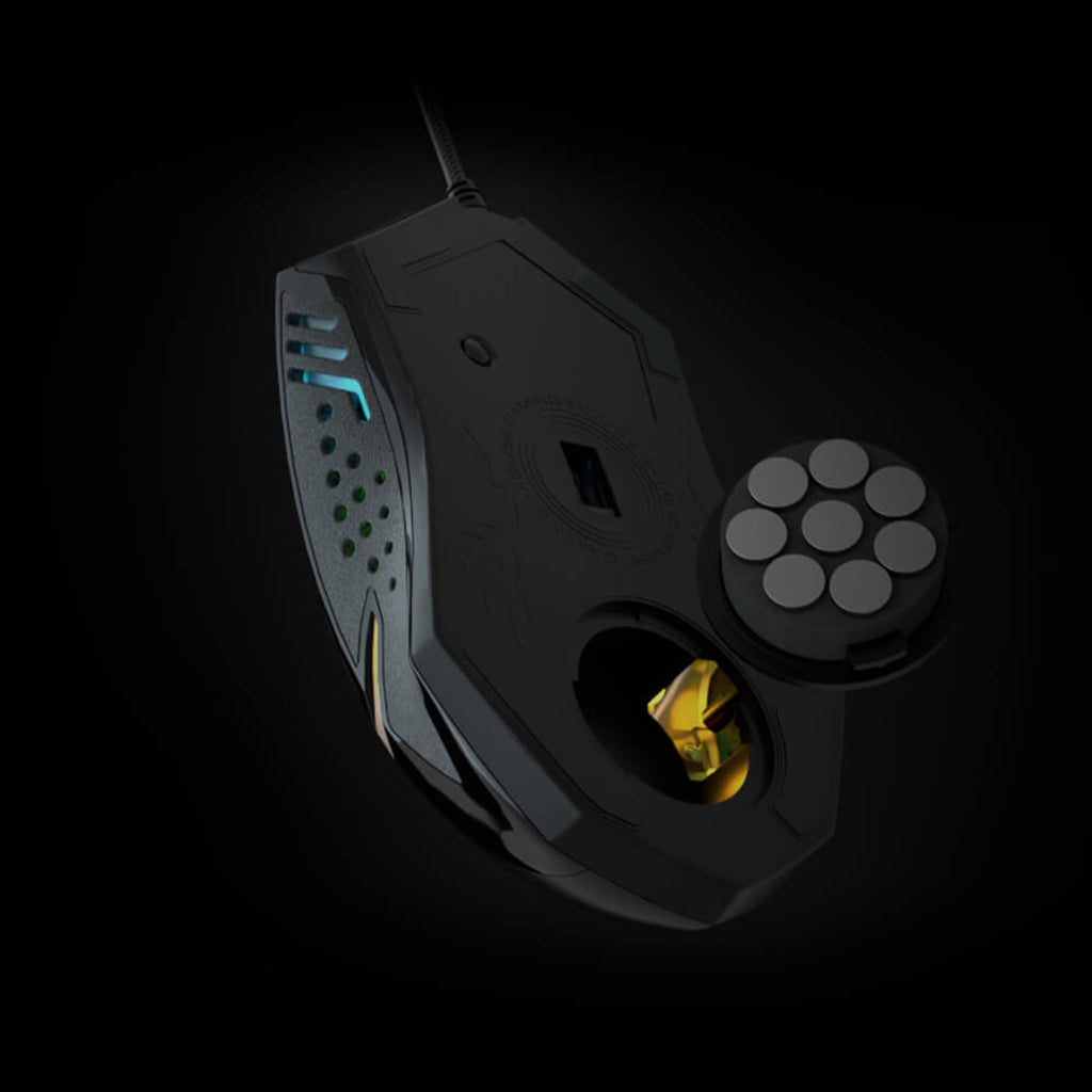Showcasing adjustable weight system on the bottom of Redragon M601 Centrophorus RGB gaming mouse, with the weight cartridge open