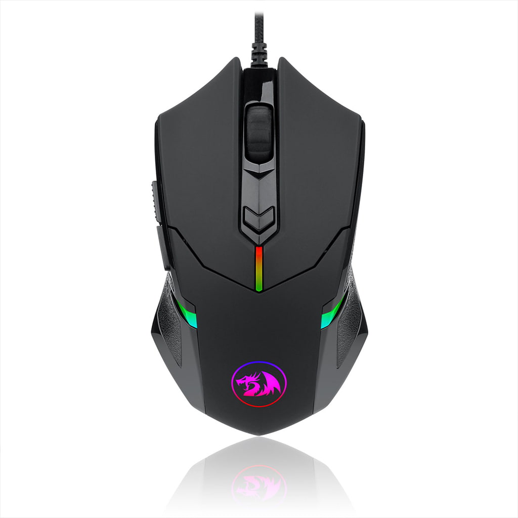 Redragon M601 Centrophorus RGB mouse from the front, highlighting the illuminated logo and scroll wheel