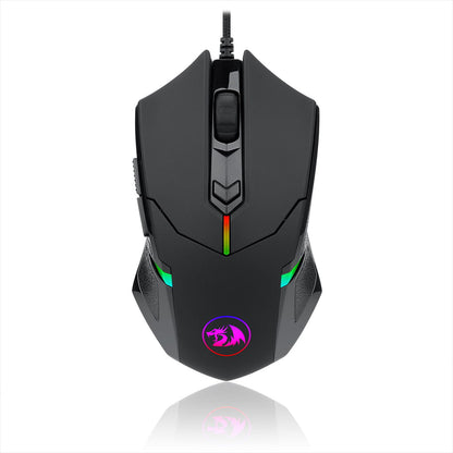 Redragon M601 Centrophorus RGB mouse from the front, highlighting the illuminated logo and scroll wheel