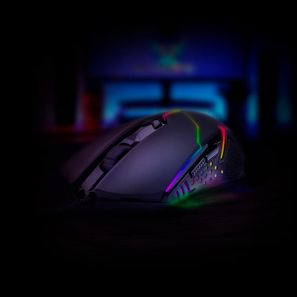 Redragon M601 Centrophorus RGB mouse from the right, highlighting the side grip texture and RGB lighting