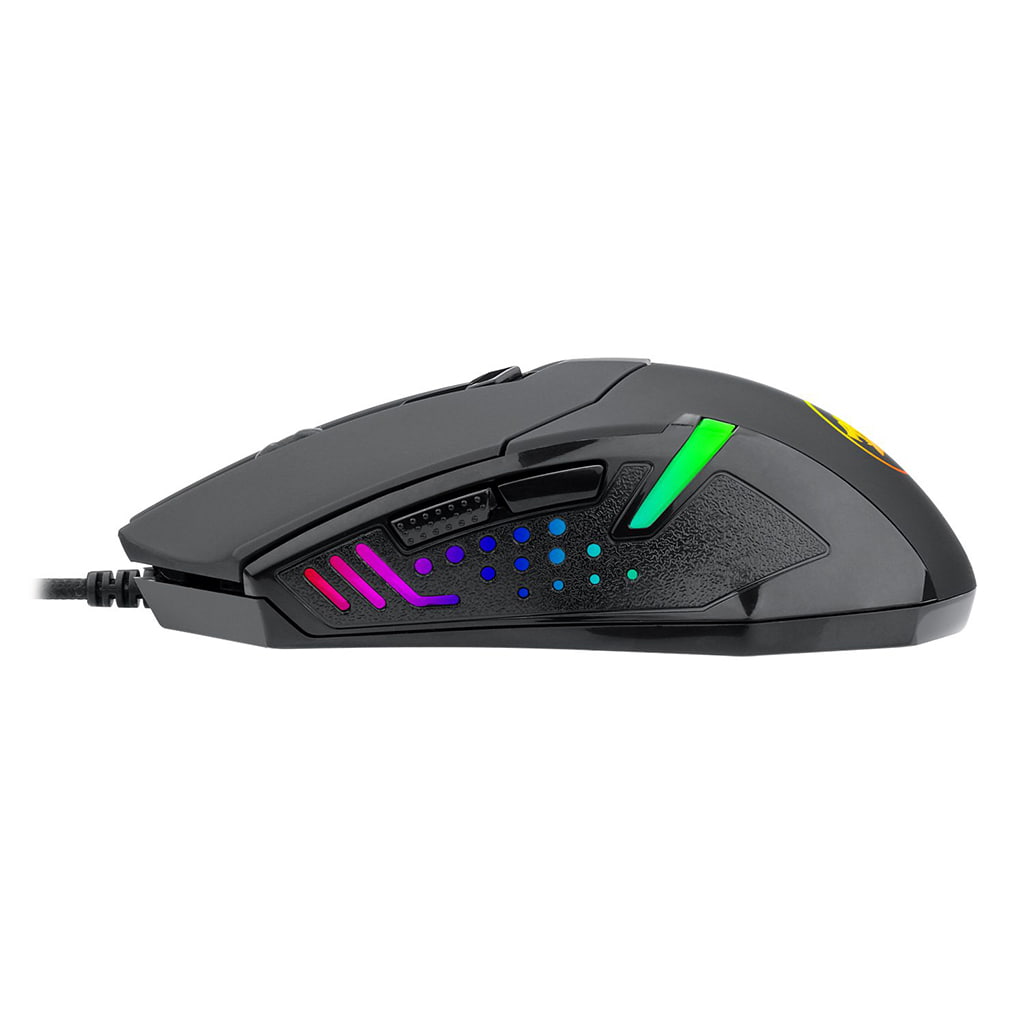 Redragon M601 Centrophorus RGB mouse from the side, highlighting the ergonomic shape, textured grip, and vibrant RGB lighting