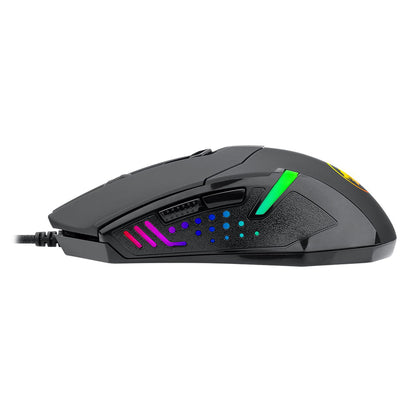 Redragon M601 Centrophorus RGB mouse from the side, highlighting the ergonomic shape, textured grip, and vibrant RGB lighting