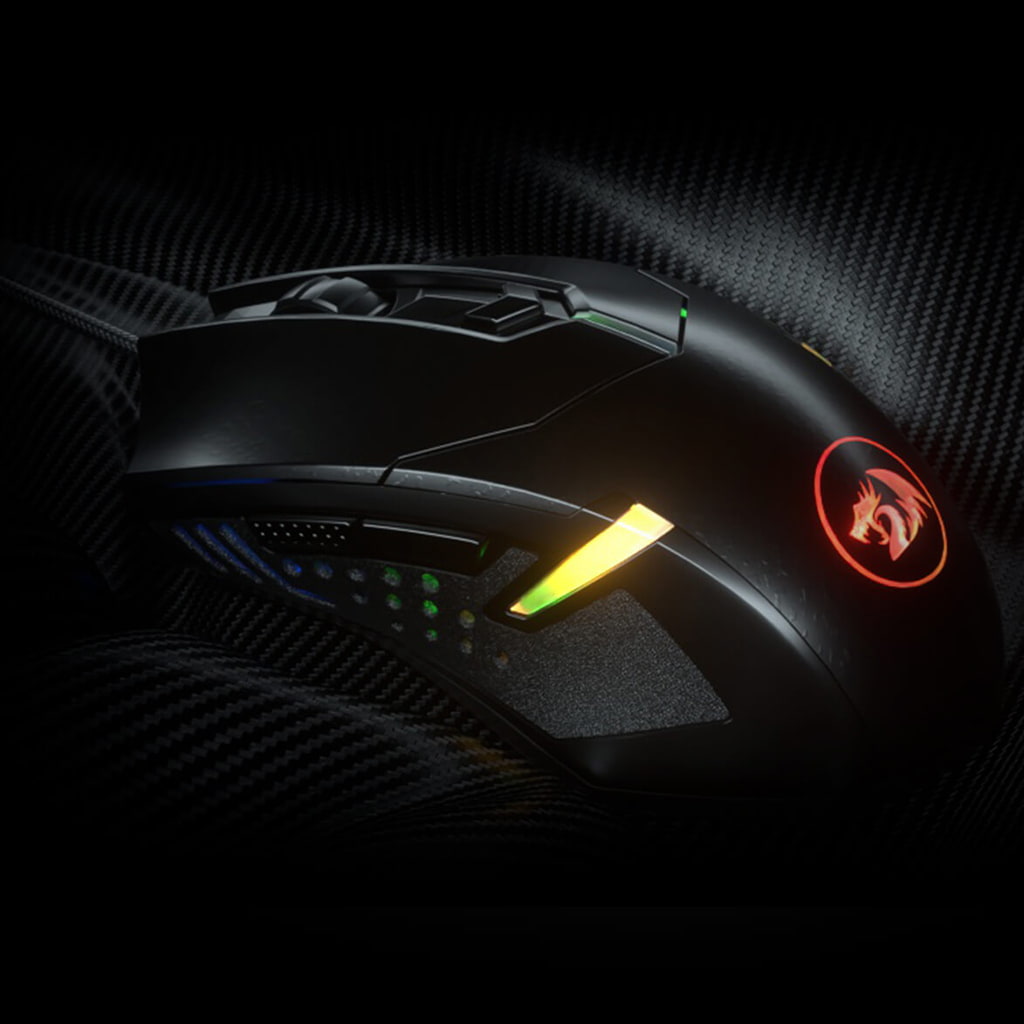 Redragon M601 Centrophorus RGB mouse from the top angle, showcasing its design and vibrant RGB illumination