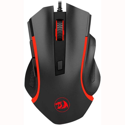 Wired Redragon M606 Nothosaur black gaming mouse with scroll wheel, side buttons and red backlit on both sides with logo