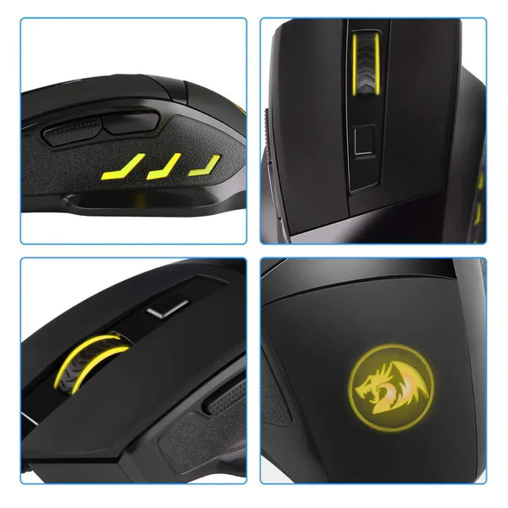 Redragon M609 Mouse close-up highlighting yellow side buttons, textured scroll wheel, and a glowing yellow dragon logo