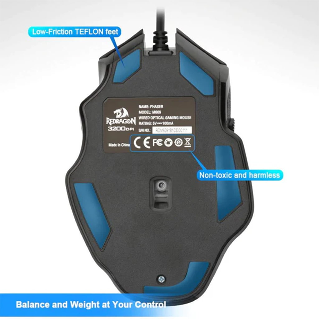 Redragon M609 wired optical gaming mouse shows blue low-friction Teflon feet, product details, and highlights non-toxic materials
